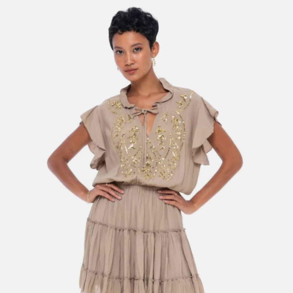 Skemo Tan Mini Dress with Gold Embroidery